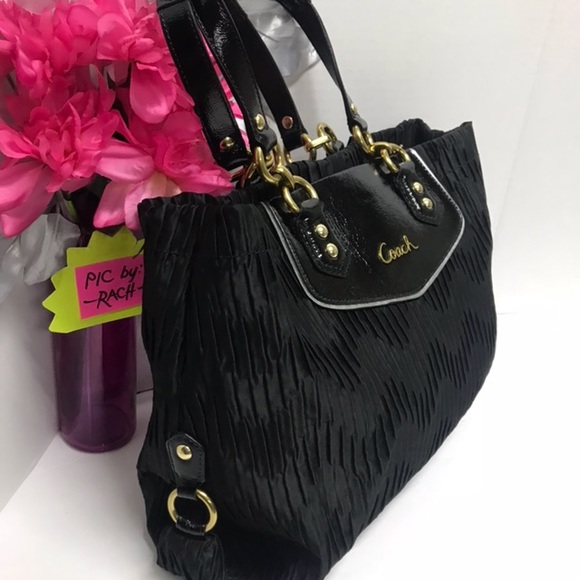 Coach Ashley 20050 Black Gathered Satin Purse Handbag & Wristlet SET - Picture 12 of 13